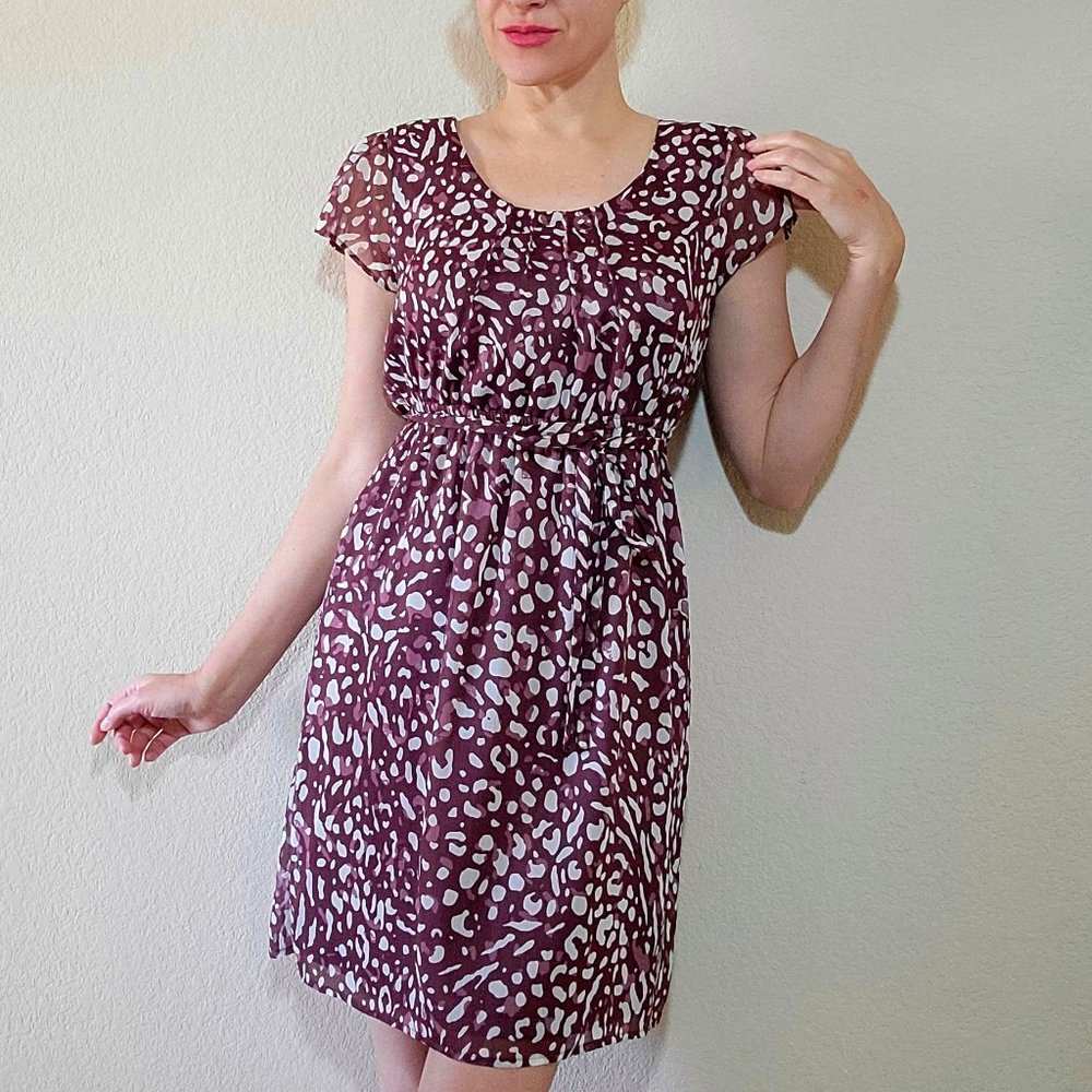 Merona Red Dress Small Pullover Cap Sleeve Animal Print Pattern Brown Spotted